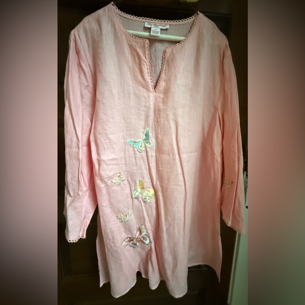 Lily Stanhope Plus Salmon Colored Long Sleeved Embroidered Women's Tunic